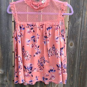 Pink Floral HIgh Neck Mesh Blouse